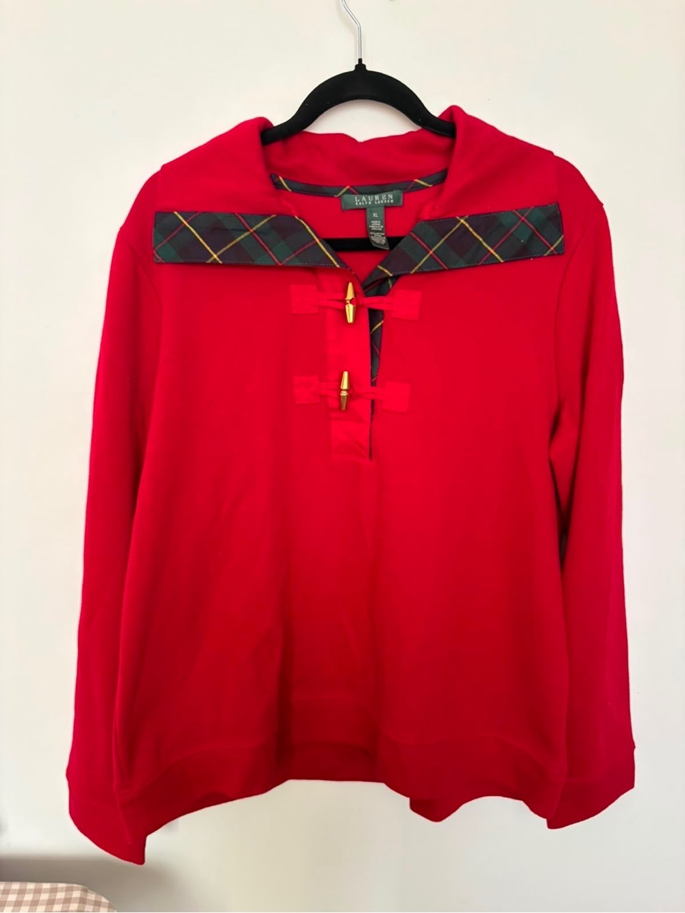 Lauren Ralph Lauren Red Cotton Pullover Tartan Plaid Collar Gold-Tone Toggle XL